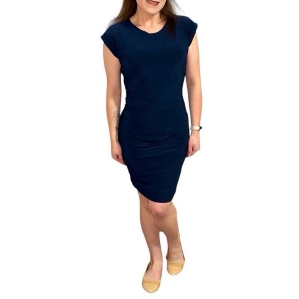 NWT Misa LA Ruched Navy Blue Dress - Medium - Mini - Short Sleeve Sheath
